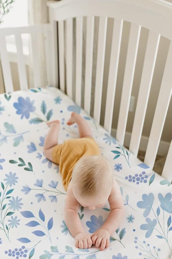 TotAha Premium Stretchy Crib Sheets (2-Pack)-Hypoallergenic, Silky Comfort, Buttery Soft, Calming Effect, All-Season Jersey-Knit Sheets, 28 X 52 X 9'' (Blue Flower & Small Floral)