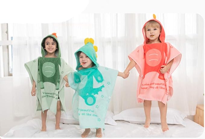TONWHAR Kids Bath/Pool/Beach Hooded Poncho Towel-Cartoon Animal Pattern Cotton Beach Towel for Baby and Kids (Light Green Dinosaur, 1-4 Years/Height:33.4"-43.3")