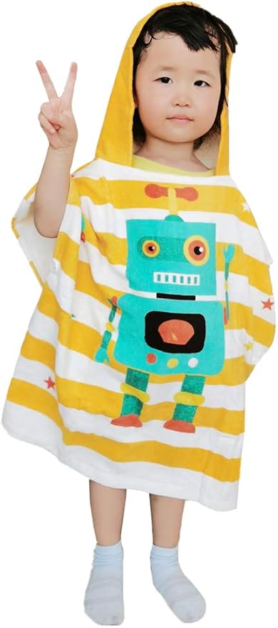 TONWHAR Kids Bath/Pool/Beach Hooded Poncho Towel-Cartoon Animal Pattern Cotton Beach Towel for Baby and Kids (Robot, 1-4 Years/Height:33.4"-43.3")