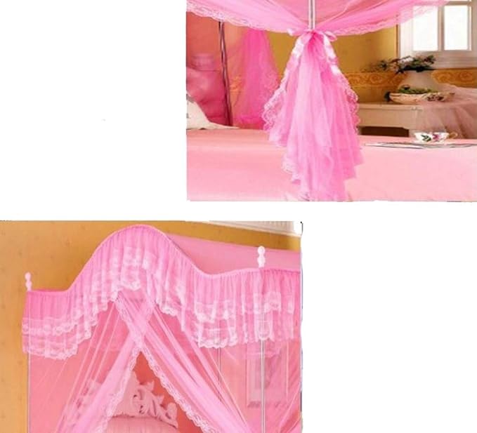 Mengersi Arched 4 Corners Post Bed Curtain Canopy Net Square Princess Fly Screen, Indoor Outdoor (Full, Pink)