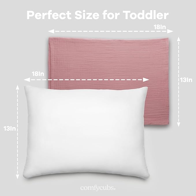Comfy Cubs Toddler Pillow with Soft Muslin Pillowcase, 13"x18", Mauve - Kids Pillow for Sleeping & Travel - Adorable & Comfortable Small Pillow - Kids Travel Pillow with Breathable Microfiber Fill
