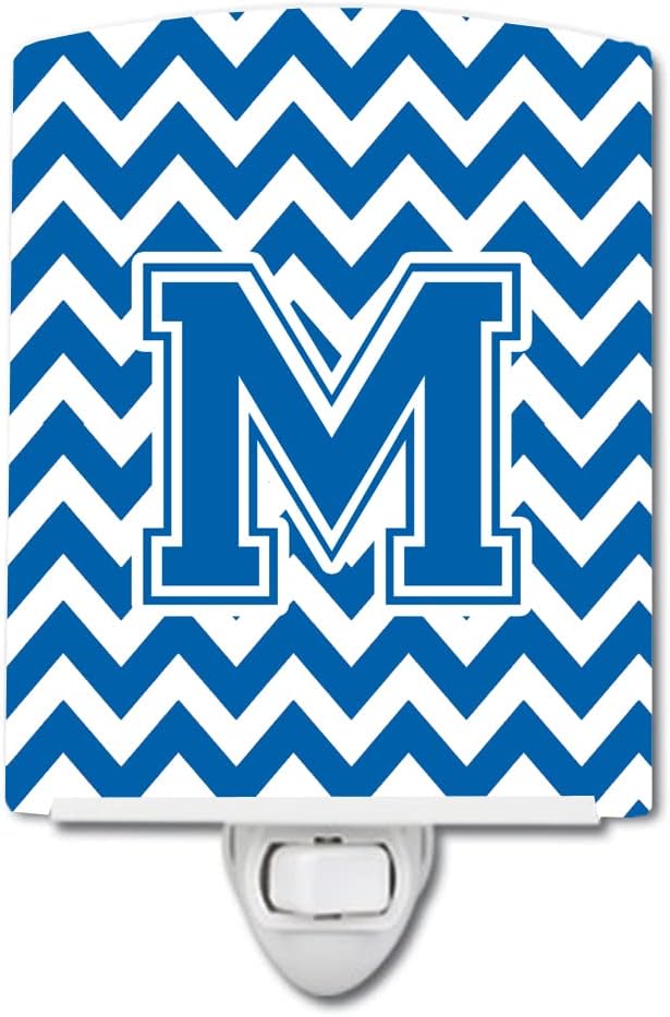 Caroline's Treasures CJ1056-MCNL Letter M Chevron Blue and White Ceramic Night Light Compact, UL-Certified, Ideal for Bedroom, Bathroom, Nursery, Hallway, Kitchen, 6x4x3, Multicolor