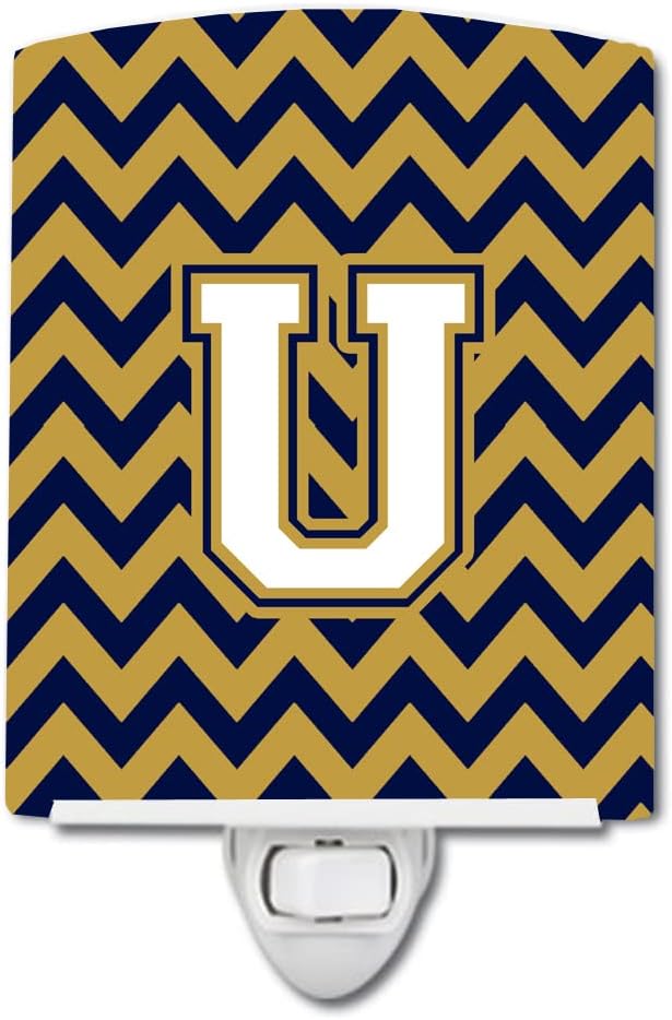 Caroline's Treasures CJ1057-UCNL Letter U Chevron Navy Blue and Gold Ceramic Night Light Compact, UL-Certified, Ideal for Bedroom, Bathroom, Nursery, Hallway, Kitchen, 6x4x3, Multicolor