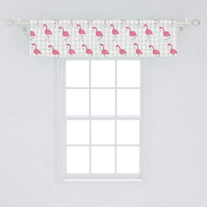 Ambesonne Pink Flamingo Window Valance, Cartoon Birds on Pastel Colored Checkered Background Wild Nature, Curtain Valance for Kitchen Bedroom Decor with Rod Pocket, 54" X 12", Coral Grey