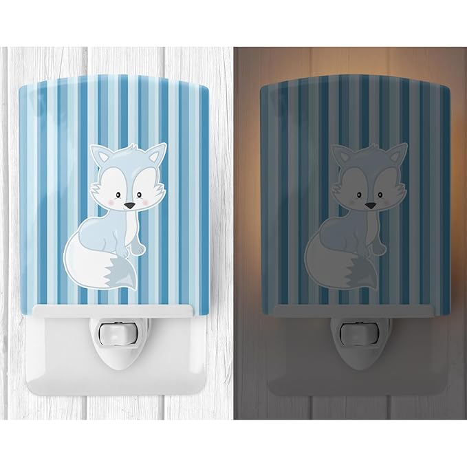 Caroline's Treasures BB8599CNL Fox on Blue Stripes Ceramic Night Light Compact, UL-Certified, Ideal for Bedroom, Bathroom, Nursery, Hallway, Kitchen, 6x4x3, Multicolor