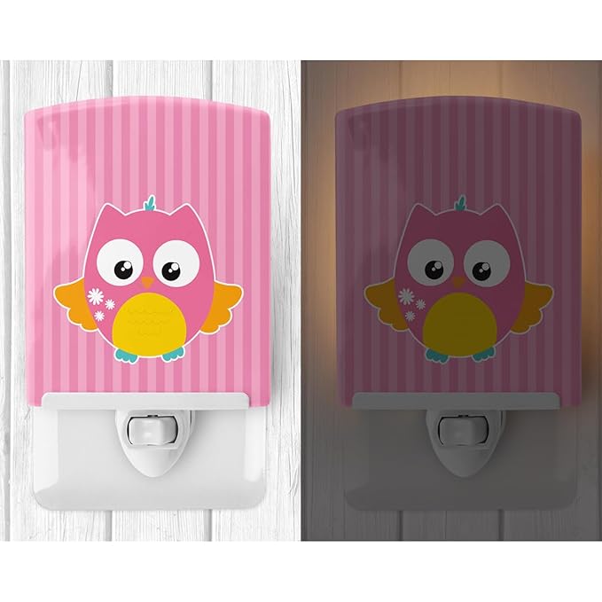 Caroline's Treasures BB9114CNL Owl and Pink Stripes Ceramic Night Light Compact, UL-Certified, Ideal for Bedroom, Bathroom, Nursery, Hallway, Kitchen, 6x4x3, Multicolor