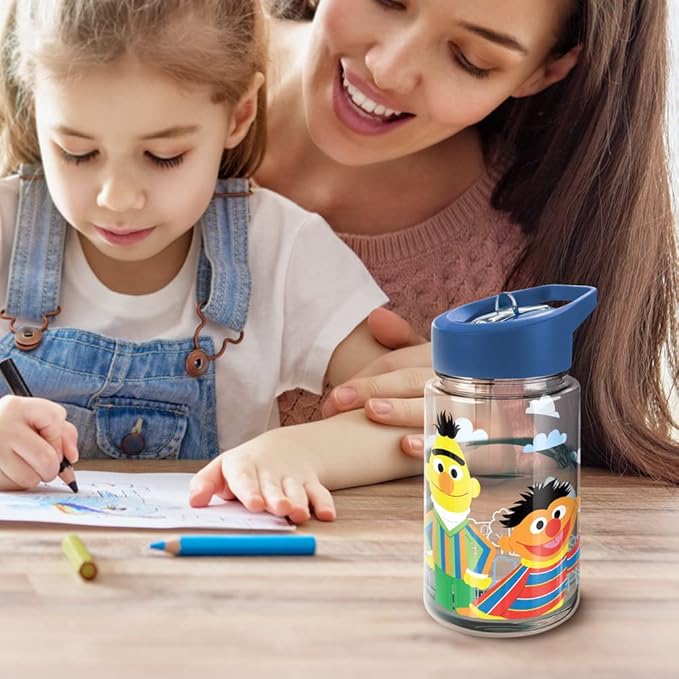 LOGOVISION Sesame Street Kids Tritan Plastic Water Bottle with Straw Lid and Handle, Reusable Tumbler for Toddlers, Unisex for Girls and Boys, 12oz, Big Burt and Ernie