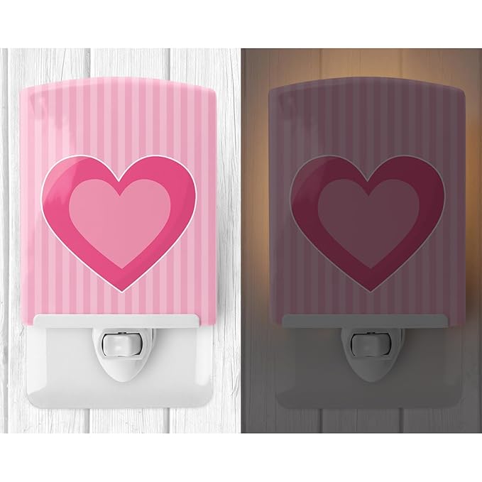Caroline's Treasures BB8587CNL Hearts on Pink Stripes Ceramic Night Light Compact, UL-Certified, Ideal for Bedroom, Bathroom, Nursery, Hallway, Kitchen, 6x4x3, Multicolor