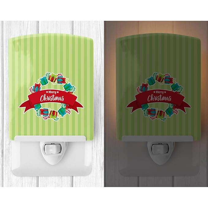 Caroline's Treasures BB6977CNL Christmas Wreath Presents Green Ceramic Night Light Compact, UL-Certified, Ideal for Bedroom, Bathroom, Nursery, Hallway, Kitchen, 6x4x3, Multicolor