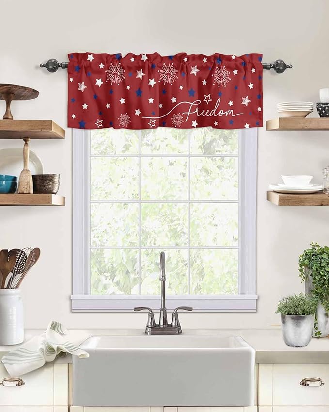Patriotic 4th of July Kitchen Curtains Valances for Windows Red White Blue Stars Freedom Rod Pocket Window Treatment for Kitchen /Living Room/Bedroom/ Bathroom, 60" X 18", Memorial Day Summer