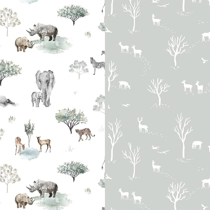 GRSSDER Stretch Ultra Soft Jersey Knit Fitted Crib Sheets Set 2 Pack,Fit All Standard Crib Mattress Pads Safe and Snug, Crib Fitted Sheet for Boys and Girls, Pretty African Savannah Animals Pattern