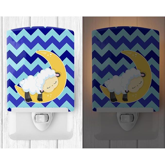 Caroline's Treasures BB6877CNL Sheep on Moon Chevron Ceramic Night Light Compact, UL-Certified, Ideal for Bedroom, Bathroom, Nursery, Hallway, Kitchen, 6x4x3, Multicolor