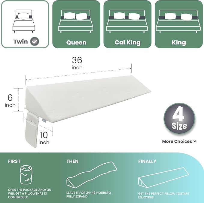 Wedge Pillow Headboard, Ultimate Comfort Bed Wedge Pillow for Headboard, Relaxation Bed Gap Filler for Twin(39"x10"x6"), Foam Pillow Wedge for Headboard Gap, Overall Bed Gap Filler.