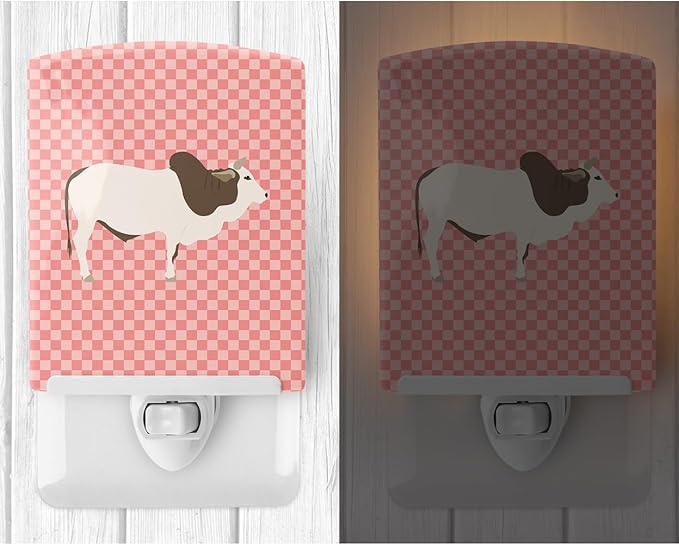 Caroline's Treasures BB7830CNL Malvi Cow Pink Check Ceramic Night Light Compact, UL-Certified, Ideal for Bedroom, Bathroom, Nursery, Hallway, Kitchen, 6x4x3, Multicolor