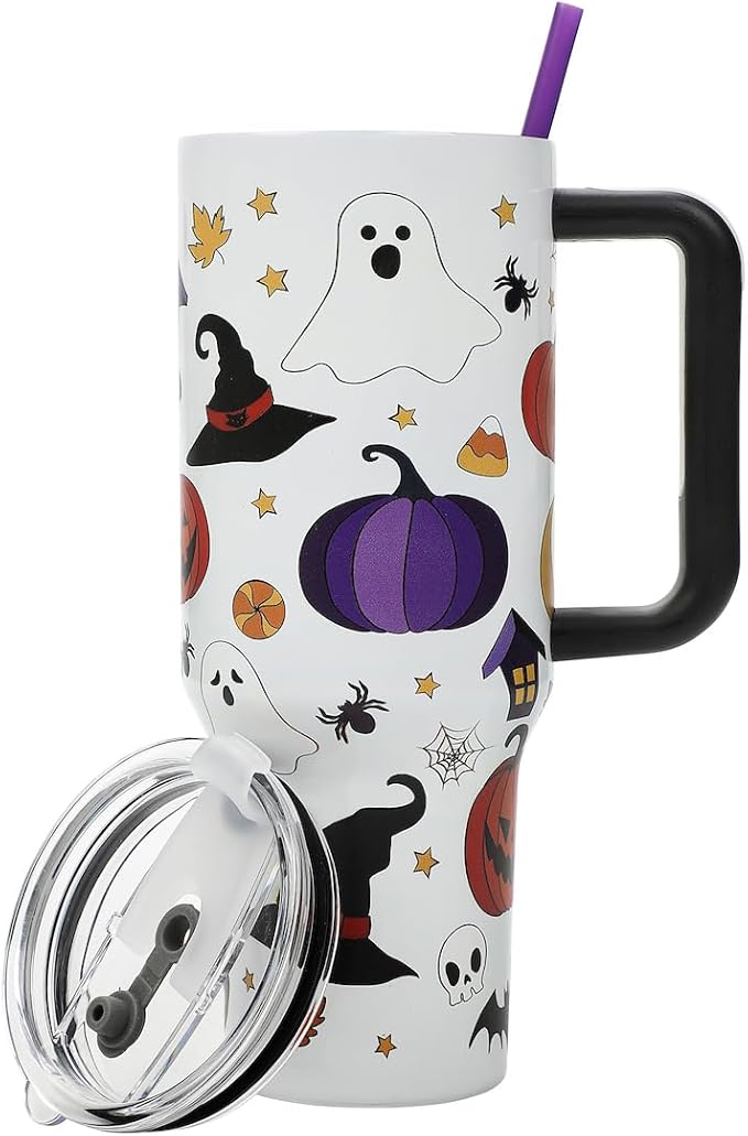Bioworld Halloween Spooky Icons 40 Oz White Stainless Steel Tumbler With Handle