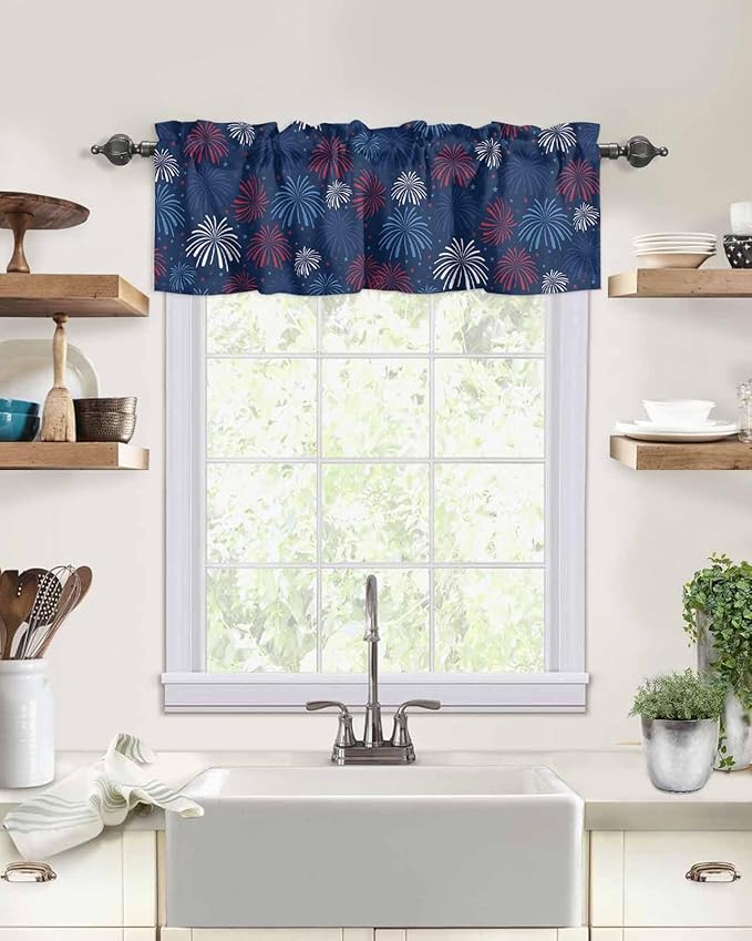 July 4th Kitchen Curtains Valances for Windows Fireworks Celebrate Patriotic Americana Stars Rod Pocket Window Treatment for Kitchen/Living Room/Bedroom/Bathroom, 60" X 18", Red, White and Blue