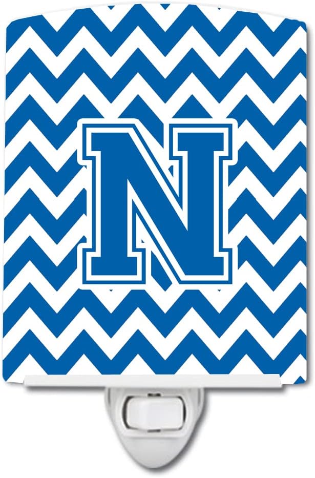 Caroline's Treasures CJ1056-NCNL Letter N Chevron Blue and White Ceramic Night Light Compact, UL-Certified, Ideal for Bedroom, Bathroom, Nursery, Hallway, Kitchen, 6x4x3, Multicolor