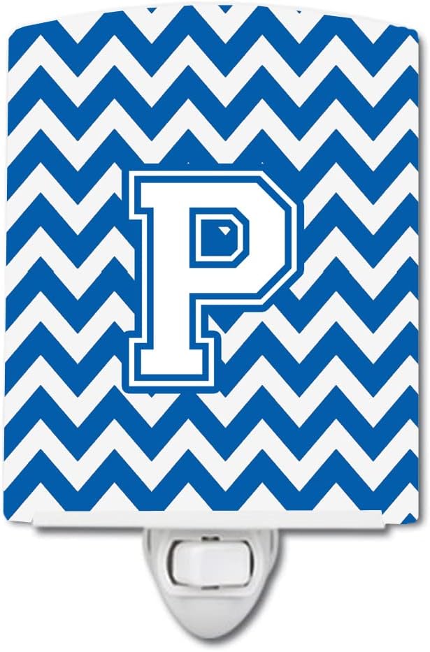 Caroline's Treasures CJ1045-PCNL Letter P Chevron Blue and White Ceramic Night Light Compact, UL-Certified, Ideal for Bedroom, Bathroom, Nursery, Hallway, Kitchen, 6x4x3, Multicolor
