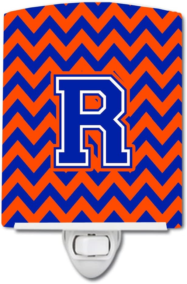 Caroline's Treasures CJ1044-RCNL Letter R Chevron Orange and Blue Ceramic Night Light Compact, UL-Certified, Ideal for Bedroom, Bathroom, Nursery, Hallway, Kitchen, 6x4x3, Multicolor