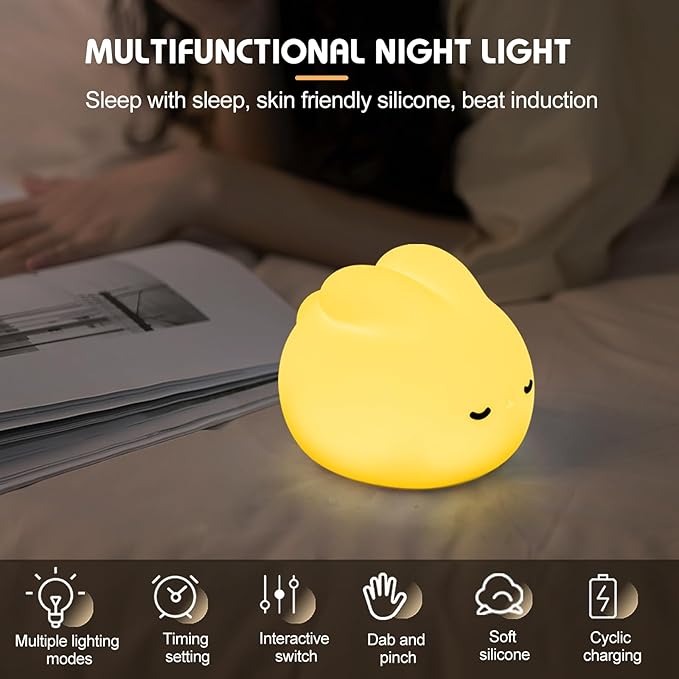 Multicolor Decor Night Light for Kids USB Rechargeable Cute Bunny LED Lamp with Timer & Touch Control Rabbit Shape Dimmable Warm Night Lights for Baby Breastfeeding Sleep Nursery Soft Eye Caring