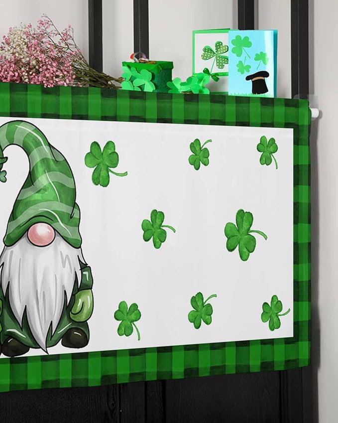 Gnome St. Patrick's Day Kitchen Curtains Valances for Windows Buffalo Plaid Shamrock Rod Pocket Window Treatment for Kitchen /Living Room/Bedroom/ Bathroom, 42" X 12", Seasonal Spring Holiday