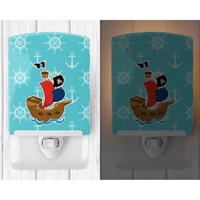 Caroline's Treasures BB8968CNL Pirate Ship Blue Ceramic Night Light Compact, UL-Certified, Ideal for Bedroom, Bathroom, Nursery, Hallway, Kitchen, 6x4x3, Multicolor