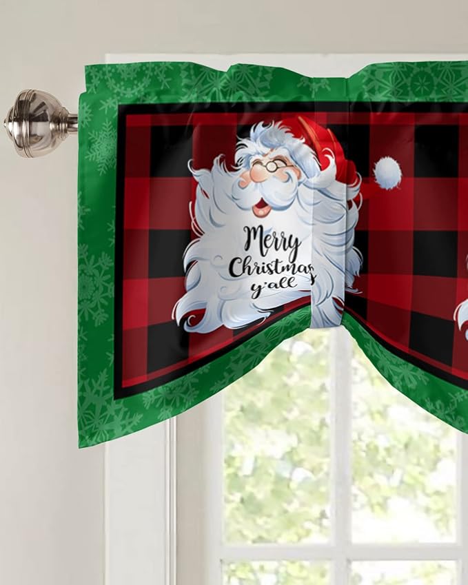 Merry Christmas Y'all Blackout Tie Up Valance Curtains for Kitchen Windows XMAS Santa Claus Window Toppers Balloon Shades for Living Room/Bathroom/Bedroom,1 Panel,60" X 18" Red Buffalo Plaid