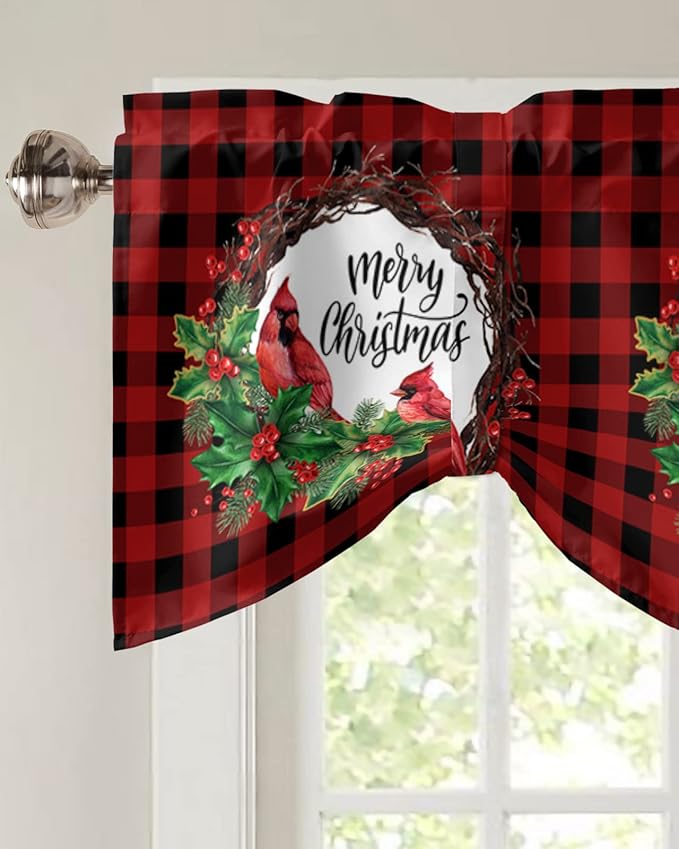 Merry Christmas Blackout Tie Up Valance Curtains for Kitchen Windows Winter Cardinal Holly Berries Window Toppers Balloon Shades for Living Room/Bathroom/Bedroom,1 Panel,42" X 18" Red Black Plaid