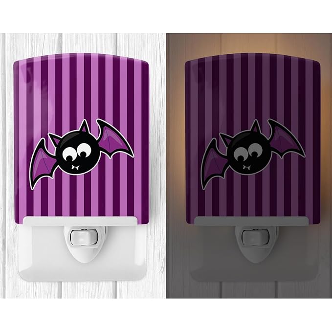 Caroline's Treasures BB9111CNL Halloween Bat Purple Stripes Ceramic Night Light Compact, UL-Certified, Ideal for Bedroom, Bathroom, Nursery, Hallway, Kitchen, 6x4x3, Multicolor