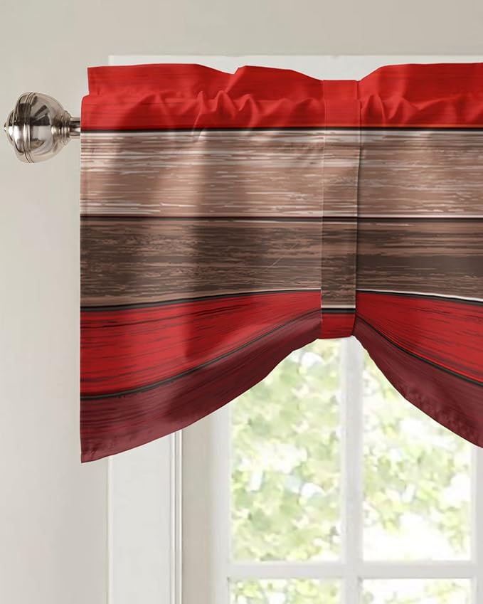 Farmhouse Blackout Tie Up Valance Curtains for Kitchen Windows, Christmas Red Brown Window Toppers Balloon Shades for Living Room/Bathroom/Bedroom,1 Panel,42" X 12" Retro Rustic Barn Wood Texture