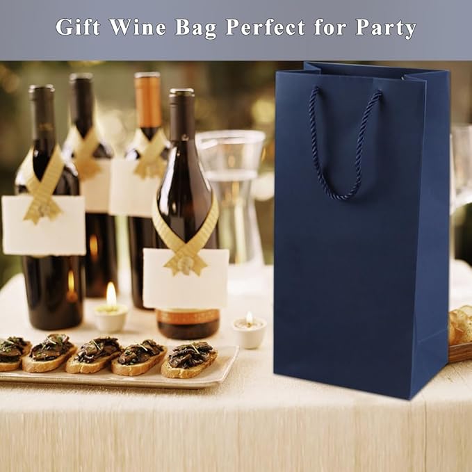 Prembag Wine Bag for Double Wine Bottles,Navy Blue Double Wine Gift Bags, 7"x 3.5"x13.8" Whiskey/Liquor Wine Bottle Bags For Gifts, 2 Bottle Wine Bags with Rope Handles,4 Pcs