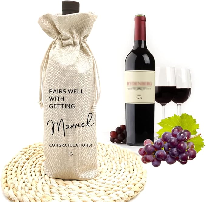 Wedding Wine Bag,Linen Wine Gift Bag,Wedding Couples, Bride and Groom Gift,Wedding Gift,Reusable Wine Bag -Pairs Well With Getting Married(5SW105)