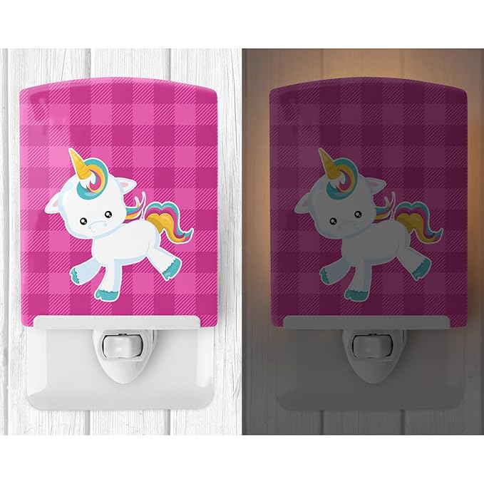 Caroline's Treasures BB6807CNL Pink Plaid Unicorn Ceramic Night Light Compact, UL-Certified, Ideal for Bedroom, Bathroom, Nursery, Hallway, Kitchen, 6x4x3, Multicolor