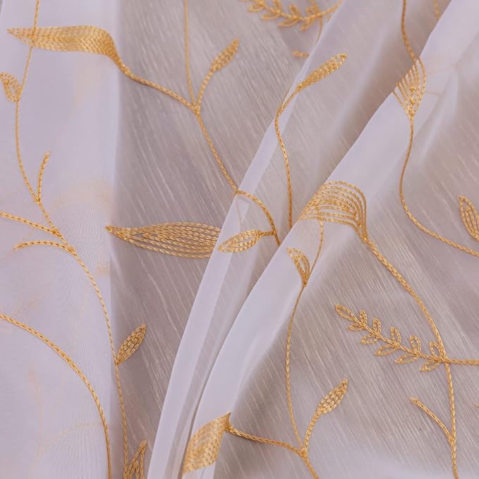 Windows Sheer Curtains Embroider Yellow Leaf 108 Inches Length 2 Panels Voile Light Filtering Sheer Curtains Panel Basic Rod Pocket for Bedroom Living Room Children Room