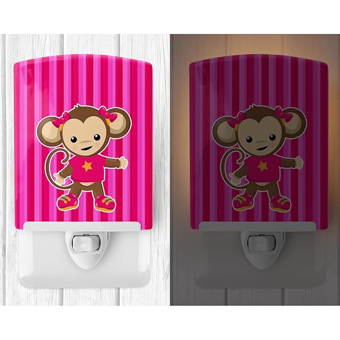 Caroline's Treasures BB7020CNL Monkey on Pink Stripes Ceramic Night Light Compact, UL-Certified, Ideal for Bedroom, Bathroom, Nursery, Hallway, Kitchen, 6x4x3, Multicolor