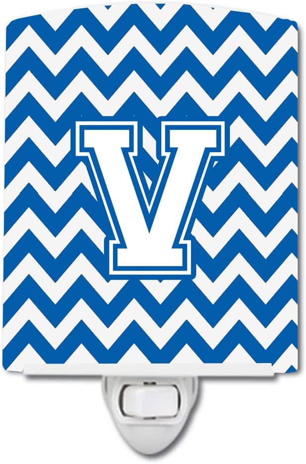 Caroline's Treasures CJ1045-VCNL Letter V Chevron Blue and White Ceramic Night Light Compact, UL-Certified, Ideal for Bedroom, Bathroom, Nursery, Hallway, Kitchen, 6x4x3, Multicolor