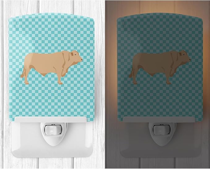 Caroline's Treasures BB8000CNL Charolais Cow Blue Check Ceramic Night Light Compact, UL-Certified, Ideal for Bedroom, Bathroom, Nursery, Hallway, Kitchen, 6x4x3, Multicolor