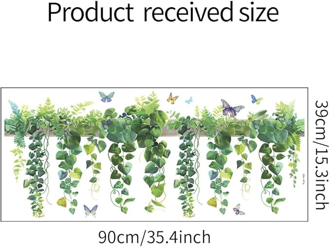 Green Leaf Wall Decals Hanging Vine Wall Stickers Plant Butterfly Wall Decal DIY Removable Wall Art Decals Peel and Stick Art Murals for Kitchen Bedroom Classroom Kids Nursery Decor