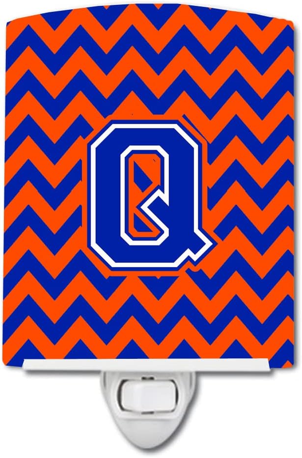Caroline's Treasures CJ1044-QCNL Letter Q Chevron Orange and Blue Ceramic Night Light Compact, UL-Certified, Ideal for Bedroom, Bathroom, Nursery, Hallway, Kitchen, 6x4x3, Multicolor