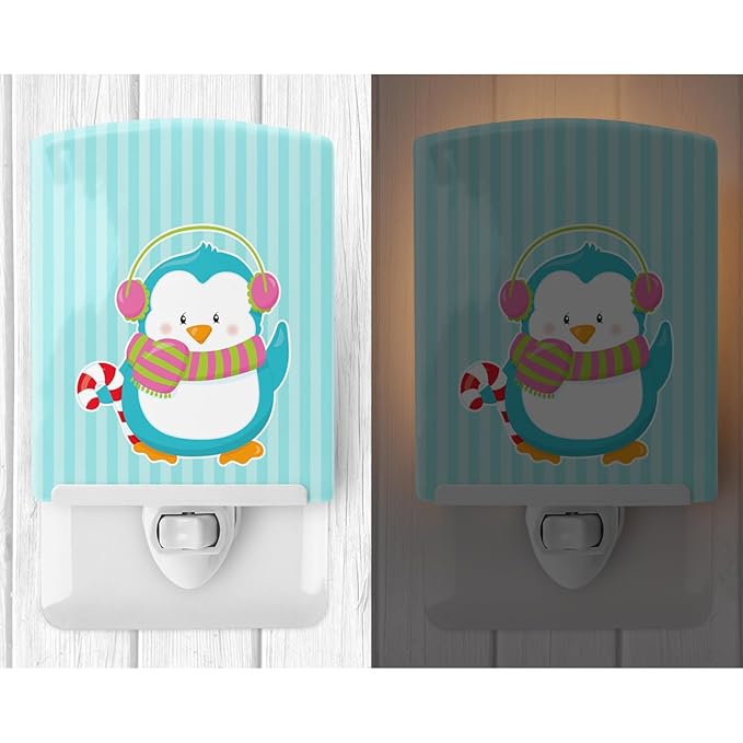 Caroline's Treasures BB8684CNL Christmas Penguin and Stripes Ceramic Night Light Compact, UL-Certified, Ideal for Bedroom, Bathroom, Nursery, Hallway, Kitchen, 6x4x3, Multicolor