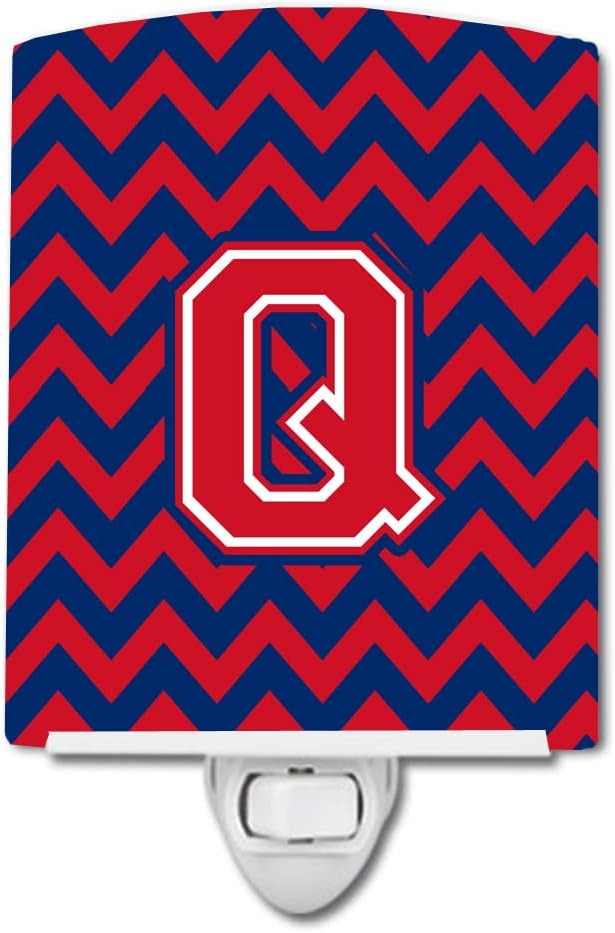 Caroline's Treasures CJ1054-QCNL Letter Q Chevron Yale Blue and Crimson Ceramic Night Light Compact, UL-Certified, Ideal for Bedroom, Bathroom, Nursery, Hallway, Kitchen, 6x4x3, Multicolor