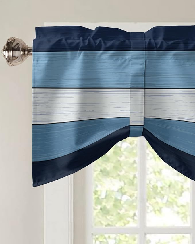 Farmhouse Blackout Tie Up Valance Curtains for Kitchen Windows,Navy Sky Blue White Window Toppers Balloon Shades for Living Room/Bathroom/Bedroom,1 Panel,60" X 18" Retro Rustic Barn Wood Texture