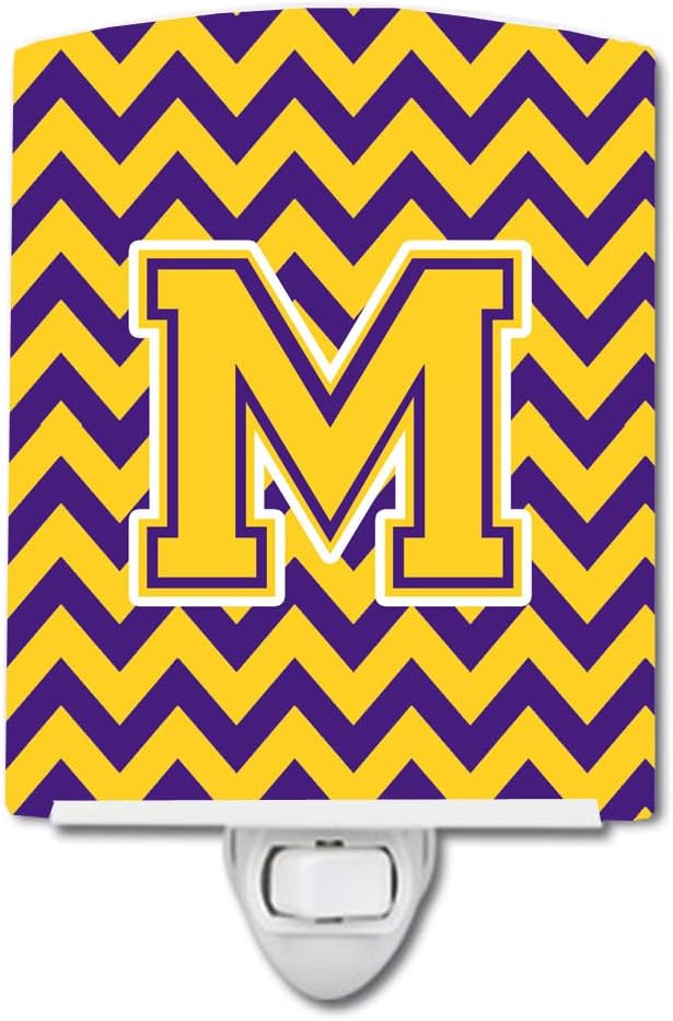 Caroline's Treasures CJ1041-MCNL Letter M Chevron Purple and Gold Ceramic Night Light Compact, UL-Certified, Ideal for Bedroom, Bathroom, Nursery, Hallway, Kitchen, 6x4x3, Multicolor