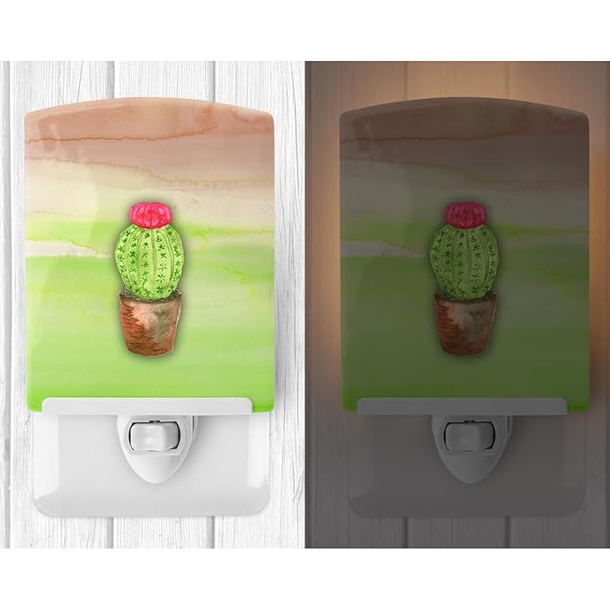 Caroline's Treasures BB7365CNL Cactus Green and Brown Watercolor Ceramic Night Light Compact, UL-Certified, Ideal for Bedroom, Bathroom, Nursery, Hallway, Kitchen, 6x4x3, Multicolor