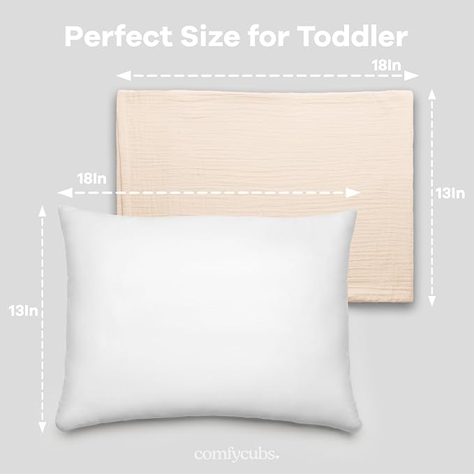 Comfy Cubs Toddler Pillow with Soft Muslin Pillowcase, 13"x18", Cream - Kids Pillow for Sleeping & Travel - Adorable & Comfortable Small Pillow - Kids Travel Pillow with Breathable Microfiber Fill