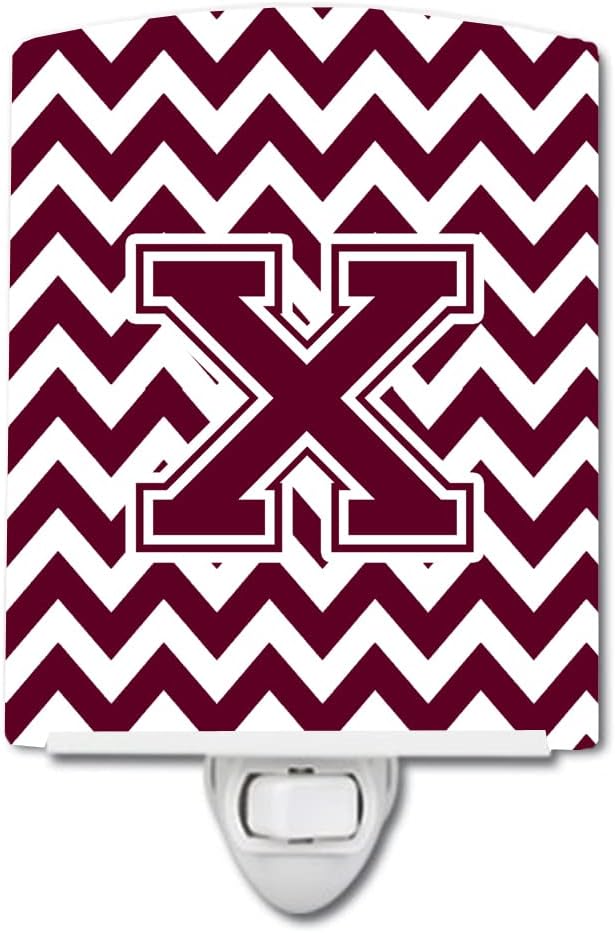 Caroline's Treasures CJ1051-XCNL Letter X Chevron Maroon and White Ceramic Night Light Compact, UL-Certified, Ideal for Bedroom, Bathroom, Nursery, Hallway, Kitchen, 6x4x3, Multicolor