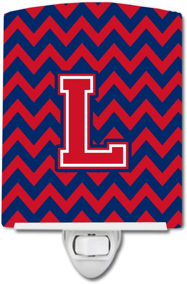 Caroline's Treasures CJ1054-LCNL Letter L Chevron Yale Blue and Crimson Ceramic Night Light Compact, UL-Certified, Ideal for Bedroom, Bathroom, Nursery, Hallway, Kitchen, 6x4x3, Multicolor