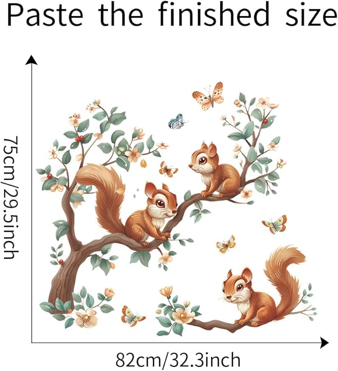 Squirrel Wall Decals Tree Branch Butterfly Wall Stickers Peel and Stick Wall Art Decals for Nursery Classroom Bedroom Office Living Room Decor (Squirrel)