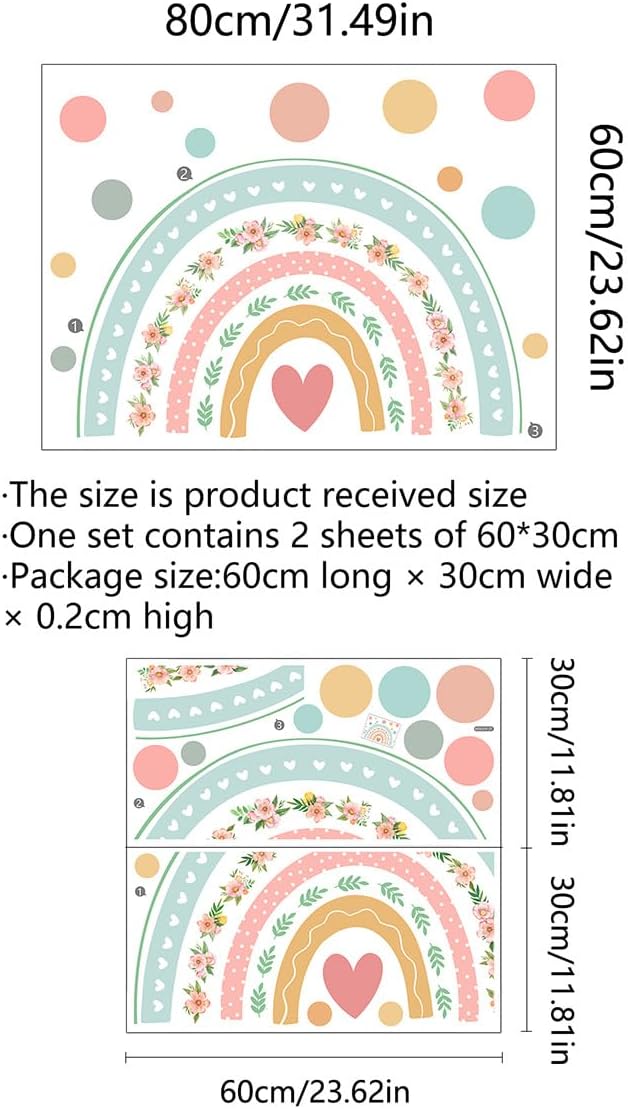 Large Boho Rainbow Wall Decals Boho Polka Dot Flower Rainbow Wall Stickers Peel and Stick Nursery Wallpaper Vinyl Decals for Home Farmhouse Girls Bedroom Decoration