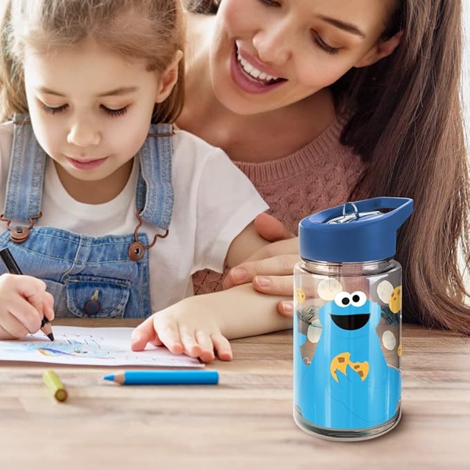 LOGOVISION Sesame Street Kids Tritan Plastic Water Bottle with Straw Lid and Handle, Reusable Tumbler for Toddlers, Unisex for Girls and Boys, 12oz, Big Cookie Monster